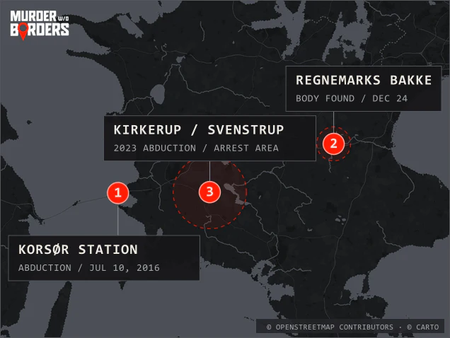 Case locations across Zealand for The Emilie Meng Murder Solved episode