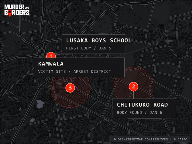 Case locations around Lusaka for The Lusaka Strangler episode