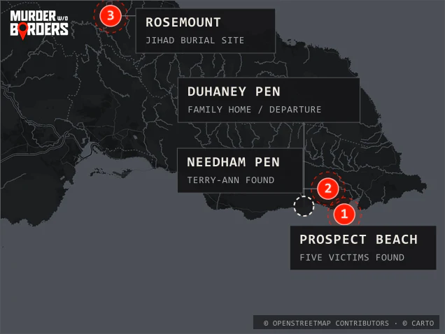 Case locations across eastern Jamaica for Whole Family Slaughtered episode