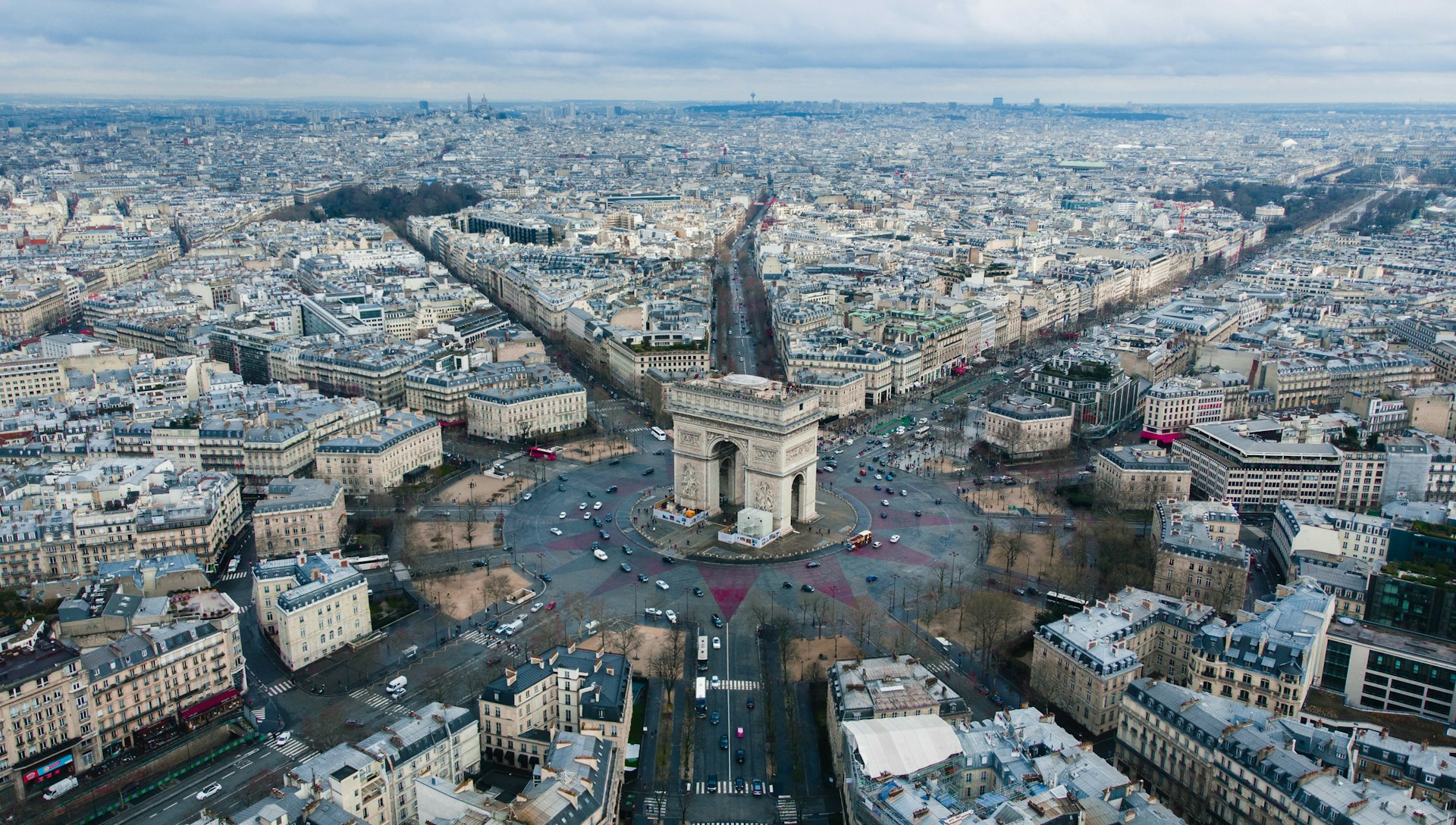 Aerial view of the Arc de Triomphe and the Champs-Élysées in Paris, France